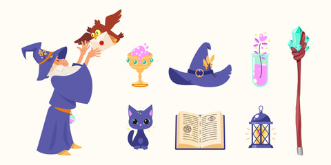 Cartoon magic set. Illustrations of an elderly wizard casting and a magic owl holding a letter in its beak, a magic staff and six magic icons isolated on a white background. Vector 10 EPS.