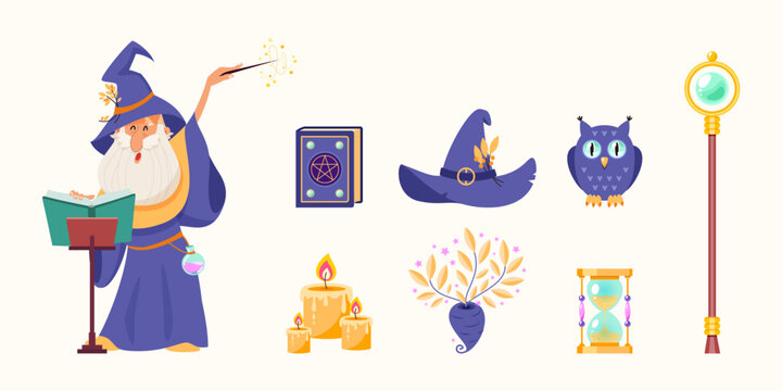 Cartoon magic set. Illustrations of an elderly wizard casting a spell, a magic staff and six magic icons isolated on a white background. Vector 10 EPS.