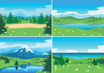 Fototapeta na wymiar Set of vector horizontal illustrations of beautiful nature. Summer landscapes with mountains, river, lake, flowering meadows and trees.