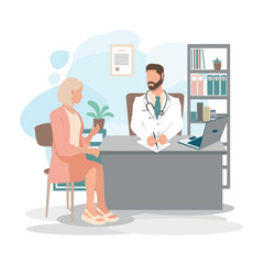 Patient at the reception in the doctor's office. Medical assistance and care. To keep healthy. Vector illustration in a flat style.