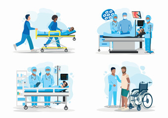 Set of vector illustrations doctor and patient. Paramedics carry a patient on a stretcher, surgery in the operating room, resuscitation, rehabilitation after right. Thank you doctors and nurses. Flat  - 519291206
