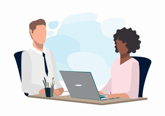 Fototapeta na wymiar Job interview. A woman is talking to a man in the office. Business vector illustration in flat style.