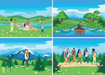 Obraz na płótnie Canvas Set of vector illustrations of people resting in nature. Fishing, hiking with friends, family picnic, traveling blogger.
