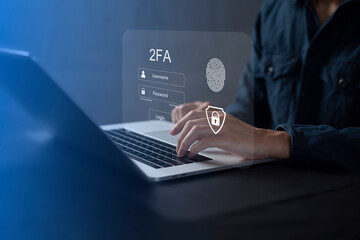 Person using laptop and touching virtual screen for two-factor authentication for safety use of social networks and access to information privacy