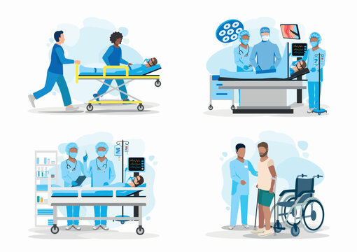 Set of vector illustrations doctor and patient. Paramedics carry a patient on a stretcher, surgery in the operating room, resuscitation, rehabilitation after right. Thank you doctors and nurses. Flat 
