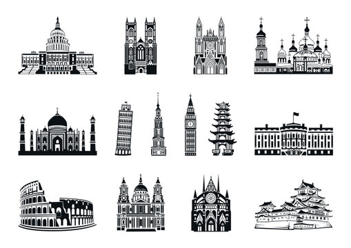 Vector set of world landmarks icons. Collection of architectural icons. Taj Mahal, Capitol, White House, Colosseum, Kiev Pechersk Lavra, Westminster Abbey, Leaning Tower of Pisa, White Egret Castle.