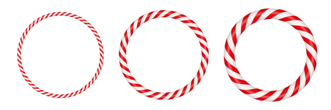 Christmas candy cane circle frame with red and white striped. Xmas border with striped candy lollipop pattern. Blank christmas and new year template. Vector illustration isolated on white background.