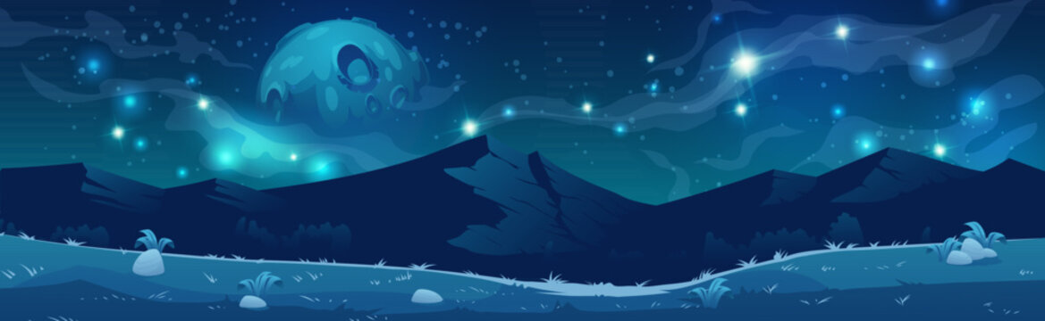 Mountain landscape with moon, stars and milky way in sky at night. Vector cartoon illustration of beautiful universe panorama in dark sky with shiny stars and planets