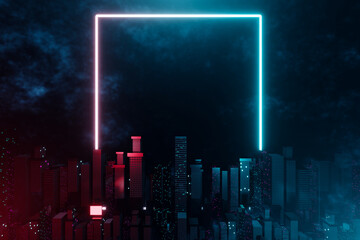 Fototapeta na wymiar 3d rendering night cityscape with glowing red and light blue neon rectangle frame.