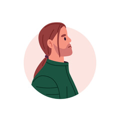 Man face profile. Guy head avatar in circle. Male character with long hair, ponytail and stubble. Portrait of modern person, side view. Flat vector illustration isolated on white background