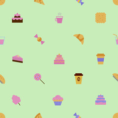 sweet pattern with dessert icons colorful style on green background for cupcake, website, bakery shop, cafe, restaurant, packaging wrapping paper. Baked background vector 10 eps