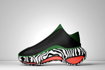 Black sneakers with animal print on the sole. The concept of bright fashionable sneakers, 3D rendering.