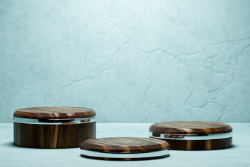 3d illustration of a wooden circle podium stand on the  gray background . 3d rendering. Minimalism geometry background