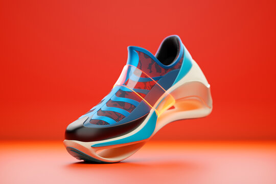 3D illustration of a concept shoe for the metaverse. Colorful  sports boot sneaker on a high platform.