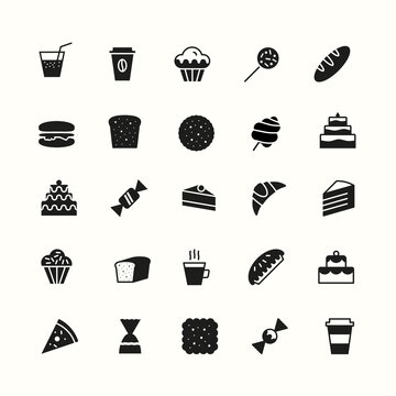 simple bakery icons set flat style black color isolated on background with cake and dessert for logo, confectionery store, bakery shop, cafe, restaurant, sweet pattern, packaging paper. vector 10 eps