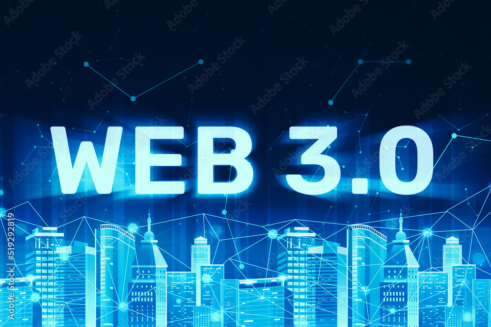 Poster abstract web 3.0 futuristic tech backdrop in blue with buildings and lights