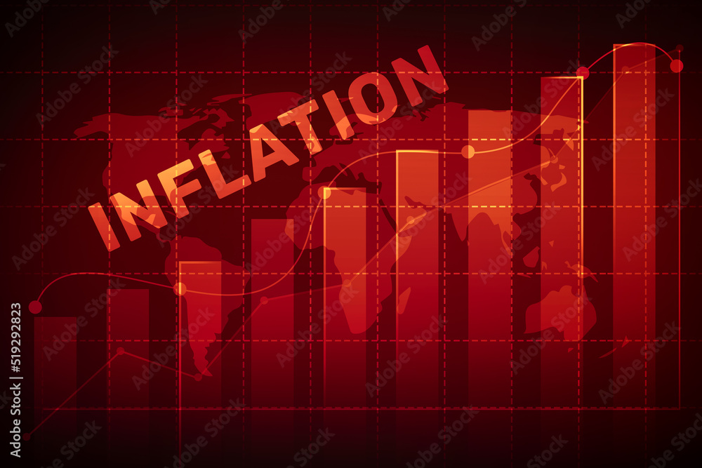 Aufkleber increasing inflation worldwide and worst economic condition background in red alarming color. graph 
