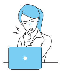 Fototapeta na wymiar デスクワークで肩が凝っている白シャツの女性のイラスト素材 ベクター ノートパソコン ビジネスウーマン