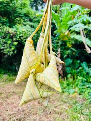 Close up of ketupat with blurred background. Ketupat is traditional food of Malaysia and south of Thailand. It is food for celebrate.