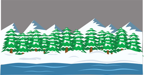 landscape with trees and mountains. Snow winter parallax background for games.