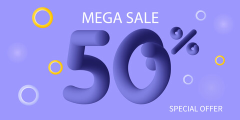 50 percent Mega Sale. Lilac loyalty discount program banner. Big super sale at reduced prices. Favorable promo deal, special offer. Hot deal. Modern background of advertising product promotion 3d. 