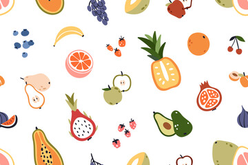 Fruits, berries pattern. Seamless tropical background with summer vitamin food repeating print. Exotic fruity texture design with orange, strawberry, avocado. Colored flat graphic vector illustration