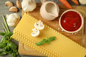 Concept of cooking, cooking lasagna, top view