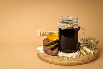 Concept of fresh drink, kvass, space for text