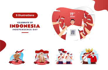 Naklejka premium Celebrate Indonesia Independence Day flat design collection set concept