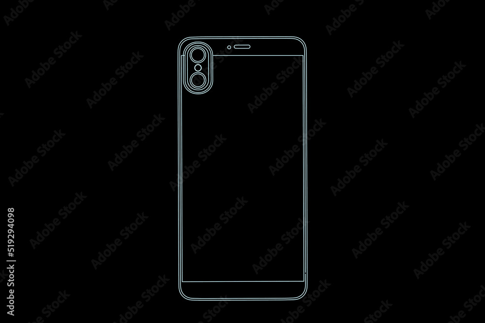 Poster Abstract smartphone outline with mock up place on black background. Technology, device screen and advertisement concept. 3D Rendering.