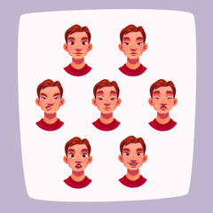 Young man face expressions, cartoon male character avatar with different emotions isolated on white background. Handsome boy emoji smile, despise, sad, crying and surprised, Vector illustration set