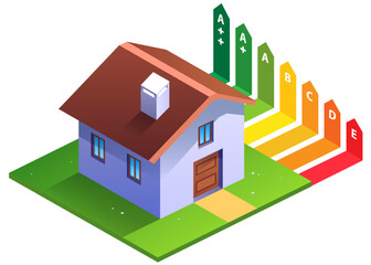 Energy Performance Certificate - Illustration of a house with EPC ratings - Power consumption of a property showing new ratings from A++ to E - Eco friendly energy, water, electricity consumption