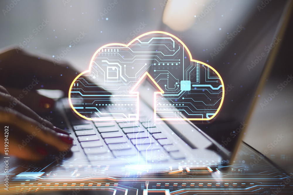 Poster Close up of female hands using laptop keyboard with glowing circuit cloud hologram on blurry background. Cloud computing and database concept.