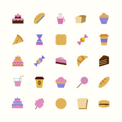 vector icons set of bakery colorful flat style isolated on background with cake and dessert for confectionery store, bakery shop, logo, cafe, restaurant, sweet pattern, packaging paper 10 eps