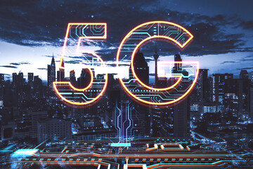 Abstract 5G hologram on blurry night city background. Speed, internet and technology, communication concept. Double exposure.