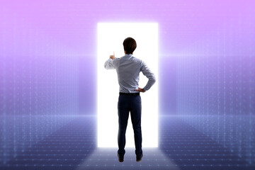 Fototapeta premium Back view of young businessman walking into metaverse world on glowing background. Meta, technology and innovation concept.