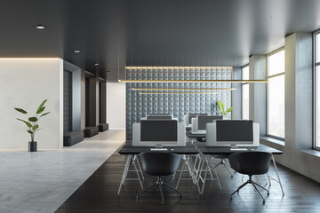Contemporary concrete and wooden coworking office interior with window and city view, furniture and equipment. 3D Rendering.