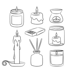 A set of diffuser and wax candles with a wick in a glass holder with a wooden lid. Sketch in doodle style. Air freshener and candles in a jar drawn in a sketch style. Isolated vector illustration.