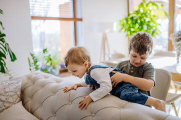 Little siblings playing in living room together.