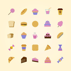 vector icons set of bakery colorful flat style isolated on background with cake and dessert for confectionery store, bakery shop, logo, cafe, restaurant, sweet pattern, packaging paper 10 eps