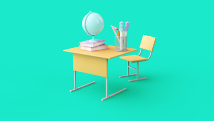 Back to school and education background. School supplies, school desk and chair on a green background . 3d render