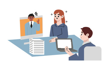 Business conference room with audience and speaker talk tiny person concept. Auditorium lecture with distant seminar using video call screen. Presentation and team training meeting. Flat style vector 