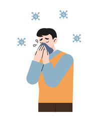 A man cover his sneeze with handkerchief on white background. Sneezing man in green shirt with virus around. Covid-19 corona virus disease. Season allergy. Flat style vector illustration