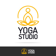 Vector yoga studio logo set with meditating man line style for fitness center, sport emblem, meditation class. Healthcare, spa, lifestyle logotype design elements. 10 eps