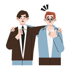Concept of male friendship. Two guys, colleagues hug. Flat style. Vector illustration isolated on white.