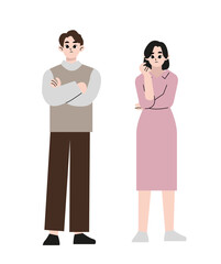 Obraz premium Couple of man and woman having a question. Male and female characters standing in thoughtful pose holding chin. Quarrel, doubts or interest in relationship. Vector illustration isolated on white.