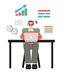 Man sitting table with laptop. Working on a computer. Freelance, online education or social media concept. Freelance or studying concept. Flat style. Vector illustration isolated on white.