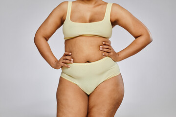 Minimal cropped shot of unrecognizable black woman wearing underwear against grey background, body...