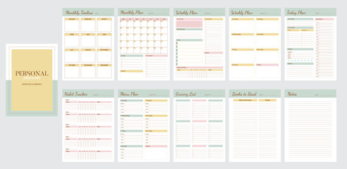 Minimalist printable personal planner page templates. Daily, weekly, monthly pages plan format A4. Menu plan, grocery list, habit tracker, books list. Vector set of sheet journal for daily routine