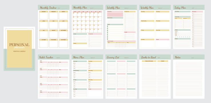 Minimalist printable personal planner page templates. Daily, weekly, monthly pages plan format A4. Menu plan, grocery list, habit tracker, books list. Vector set of sheet journal for daily routine